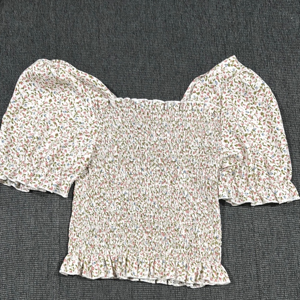 SHEIN White and Pink Smocked Ruffled Blouse